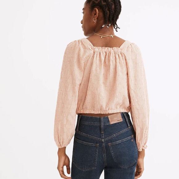 Madewell Orange Puff Sleeve Button Front Crop Top in Embroidered Stripe - Picture 2 of 6
